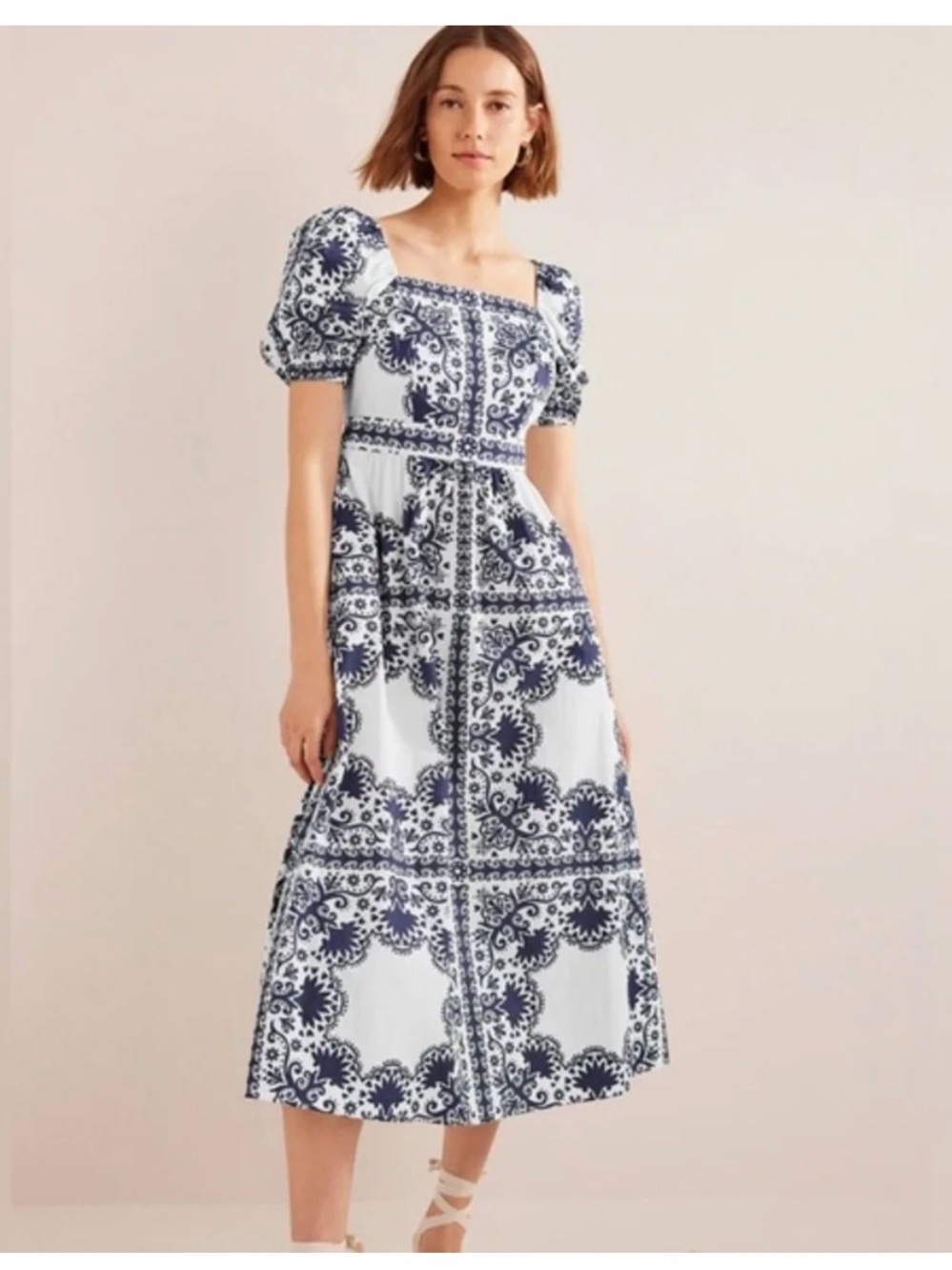 Boden Navy & White Square-Neck Puff Sleeve Midi Dress